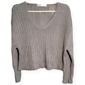 ZARA Green Knitted V-neck Jumper Cropped Sweater Size Small